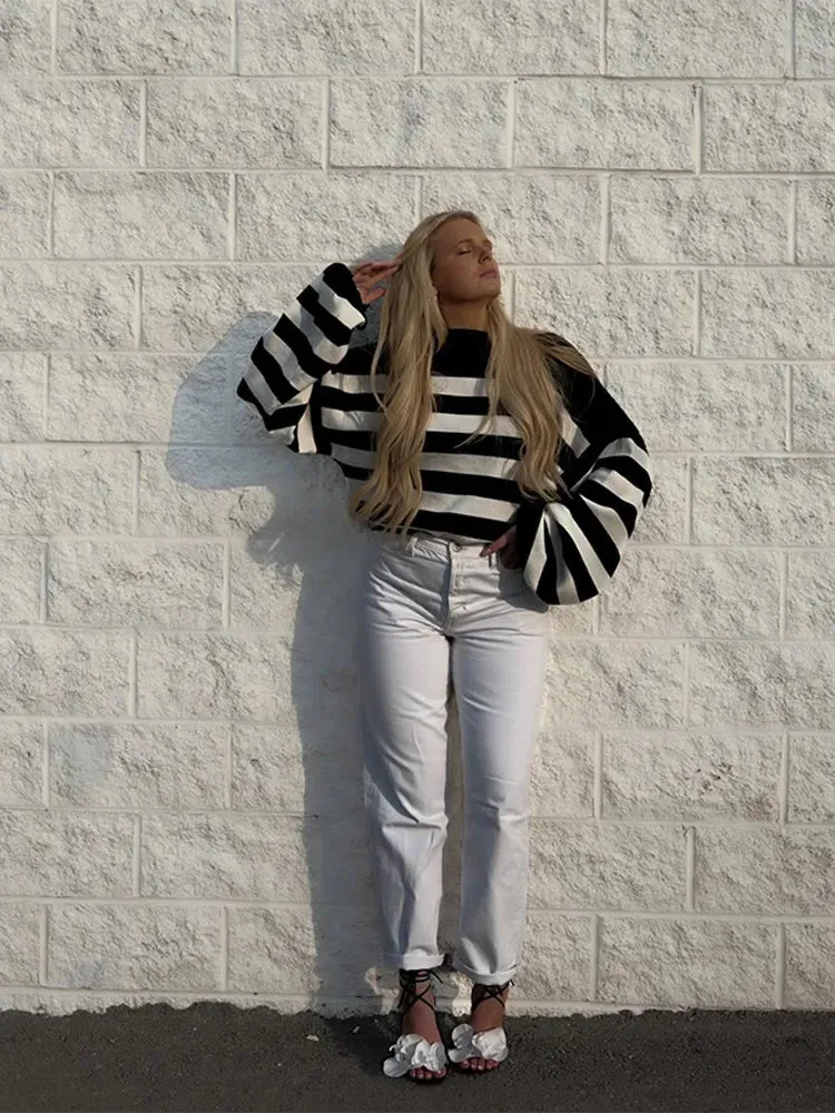 Stripe Slanted Collar Off Shoulder Knit Pullover Casual Long Sleeve Women's Sweater