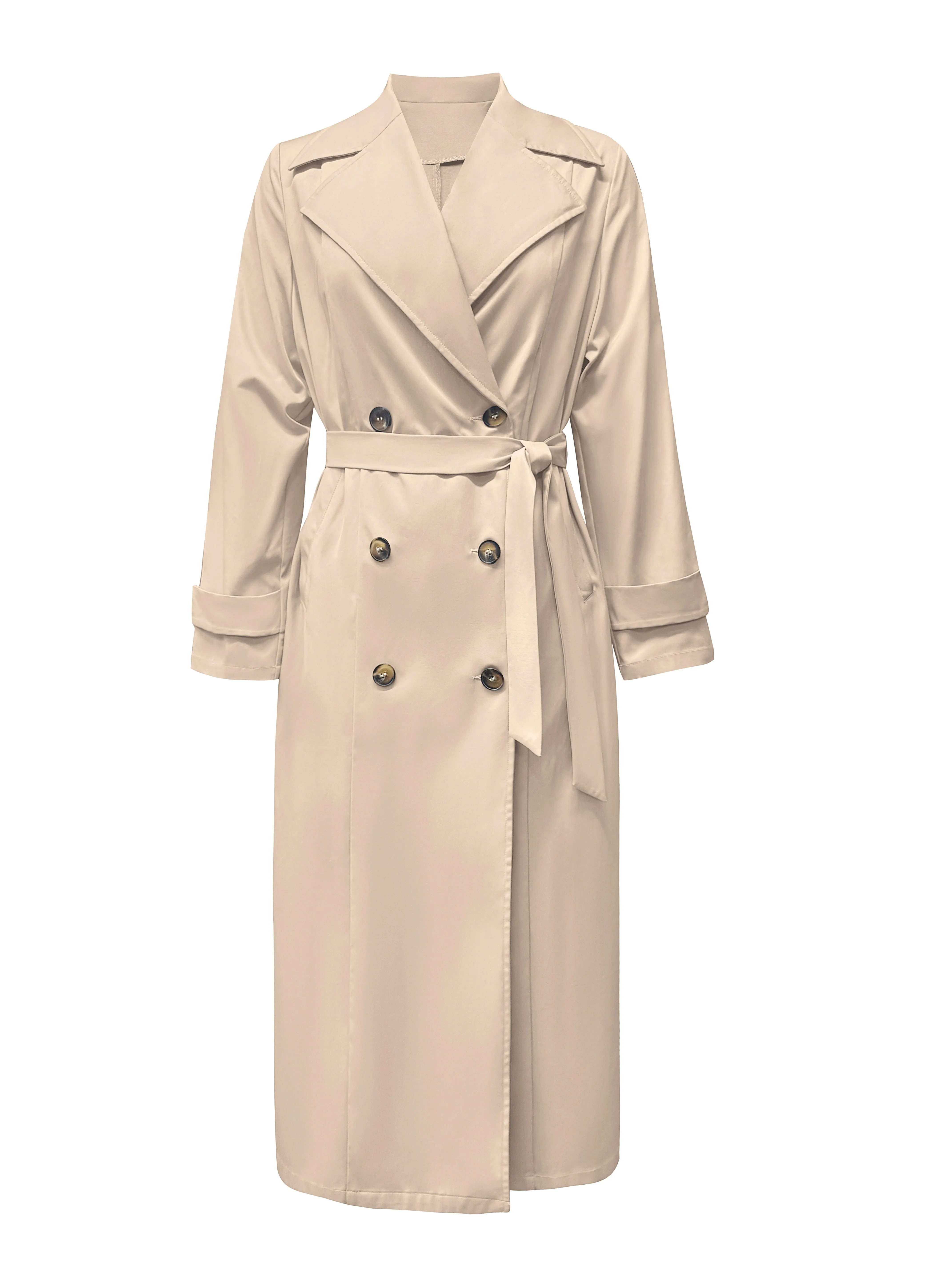 Stylish Double Button Long Sleeve Belted Trench Coat with Solid Color for Women | Ideal for Autumn