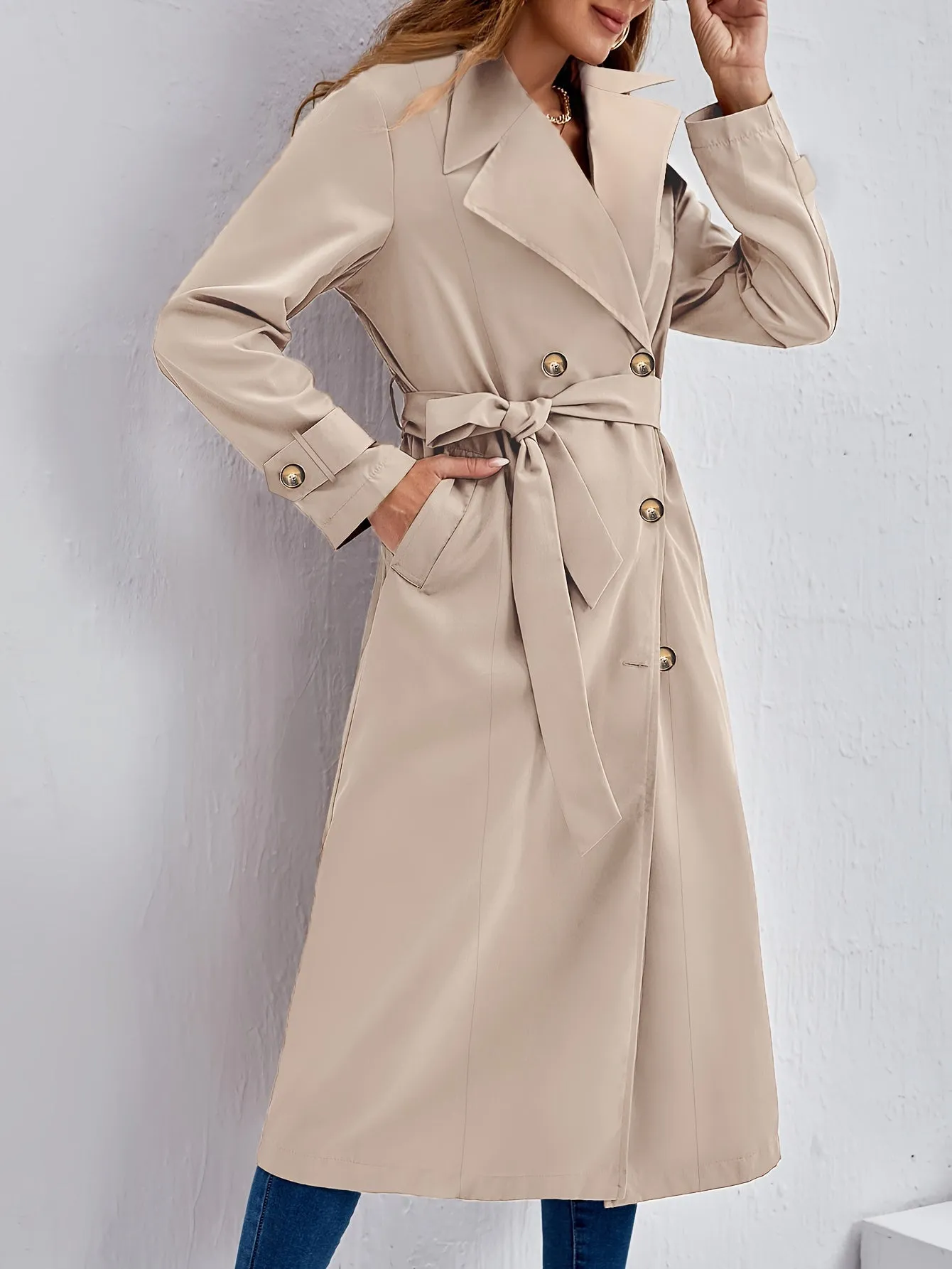 Stylish Double Button Long Sleeve Belted Trench Coat with Solid Color for Women | Ideal for Autumn