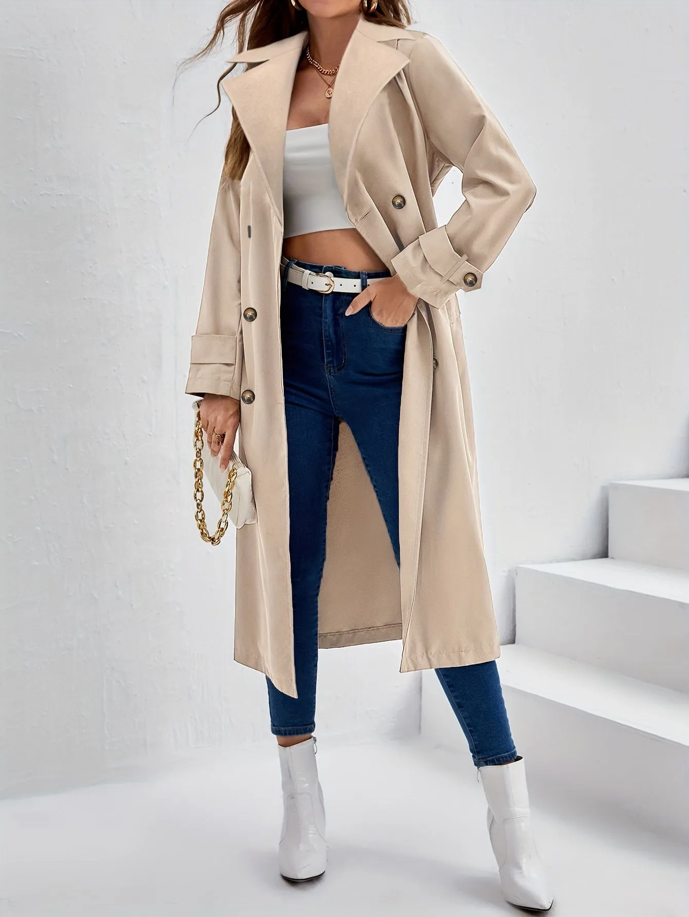 Stylish Double Button Long Sleeve Belted Trench Coat with Solid Color for Women | Ideal for Autumn