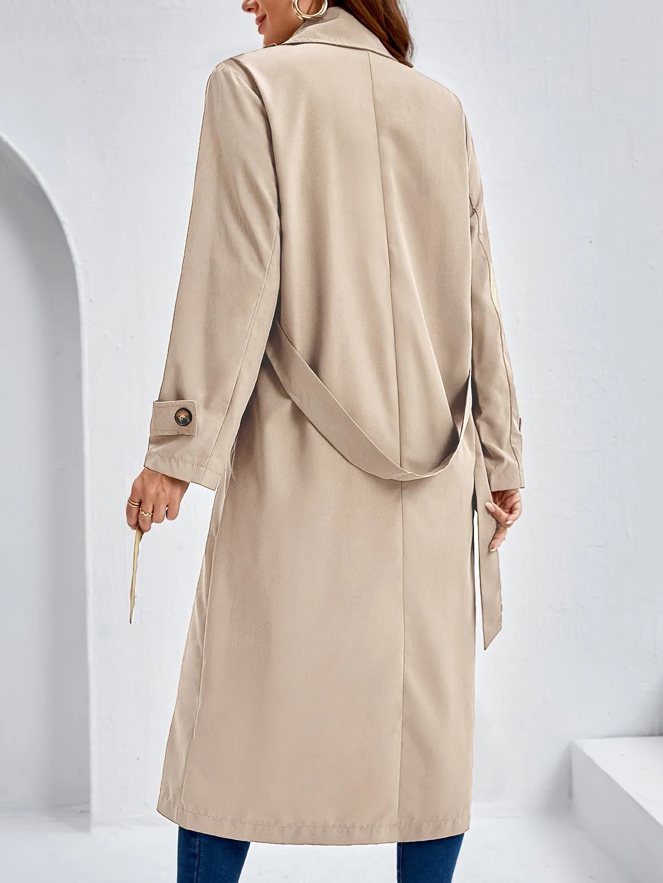 Stylish Double Button Long Sleeve Belted Trench Coat with Solid Color for Women | Ideal for Autumn