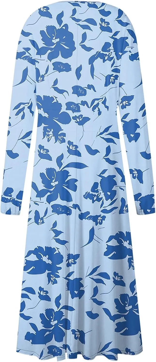 Summer Fall Long Sleeve Midi Dresses for Women Casual Ruched Flowy Trendy Smocked Elegant Formal Floral A Line Dress