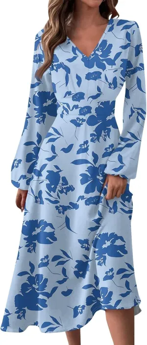 Summer Fall Long Sleeve Midi Dresses for Women Casual Ruched Flowy Trendy Smocked Elegant Formal Floral A Line Dress