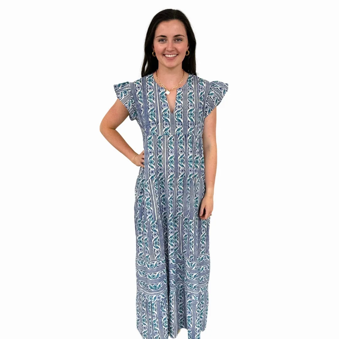 The Isabella Long Flutter Sleeve Maxi Dress in Green Blue Hand-Block