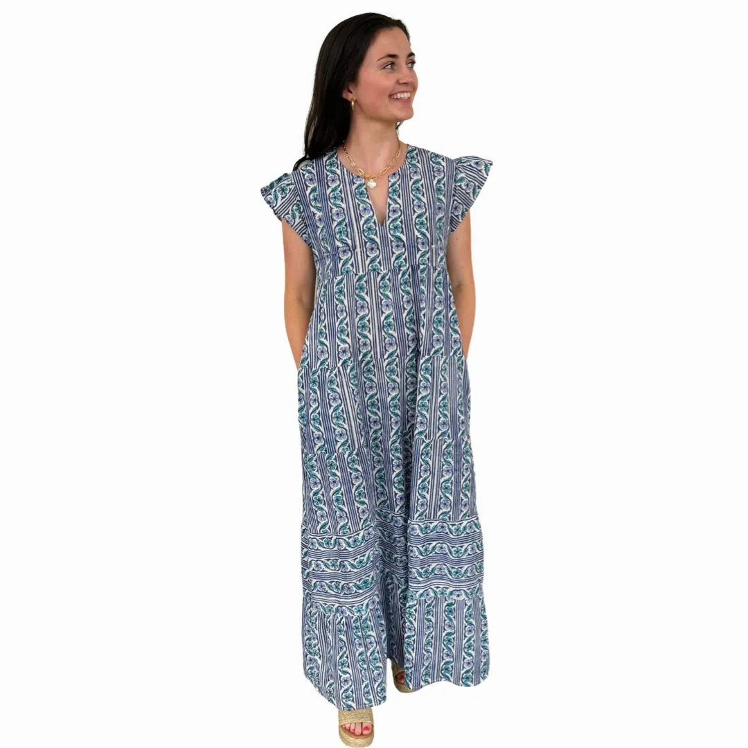 The Isabella Long Flutter Sleeve Maxi Dress in Green Blue Hand-Block