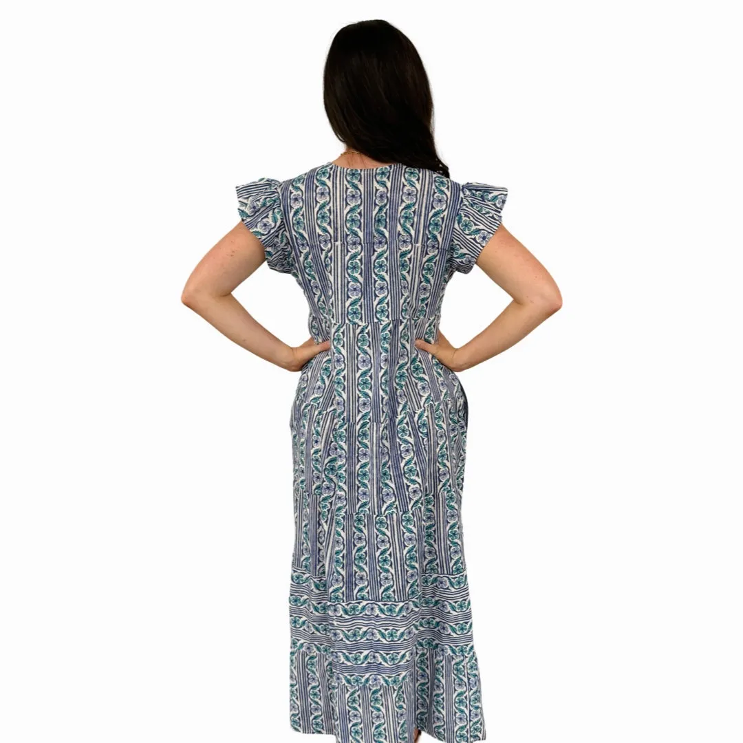 The Isabella Long Flutter Sleeve Maxi Dress in Green Blue Hand-Block