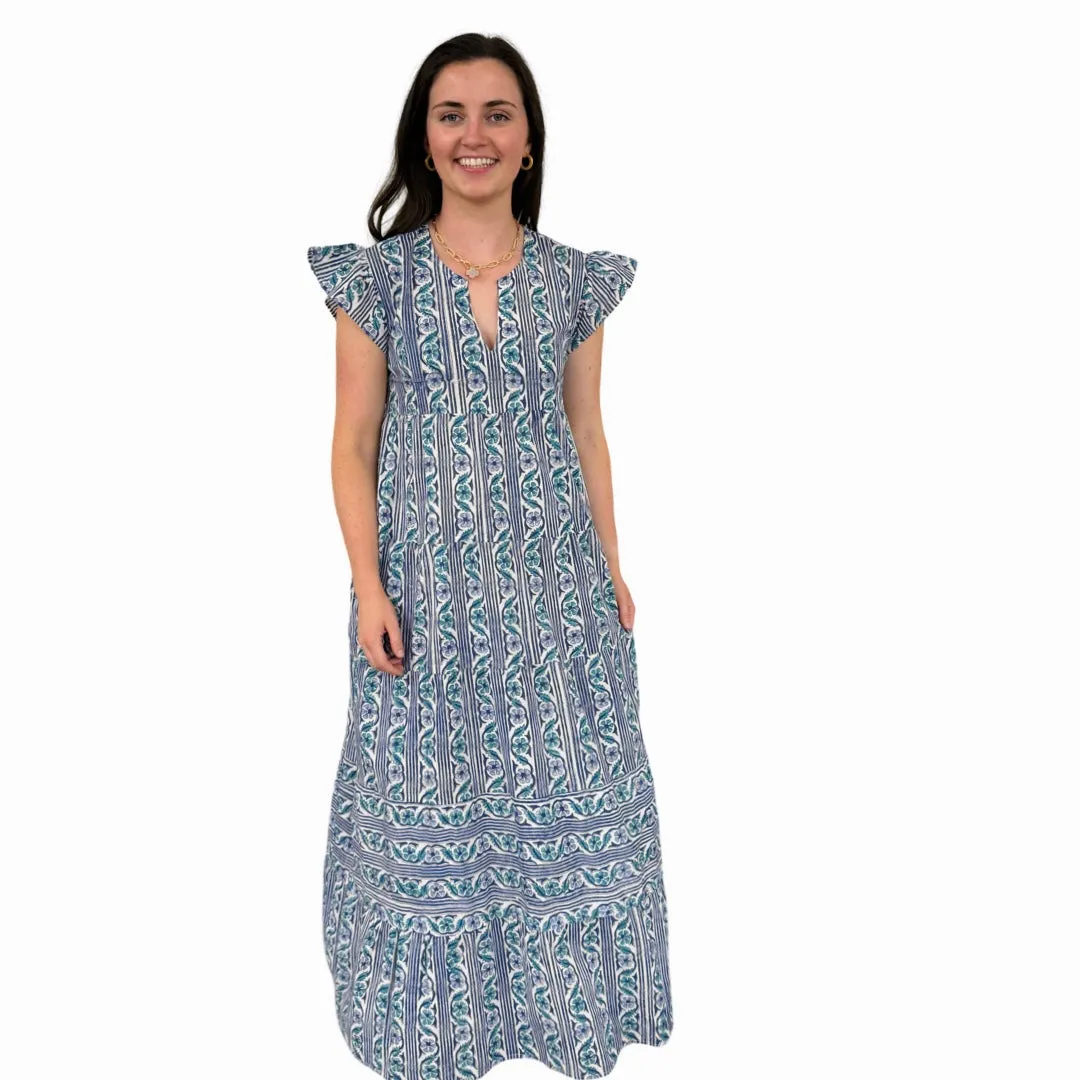 The Isabella Long Flutter Sleeve Maxi Dress in Green Blue Hand-Block