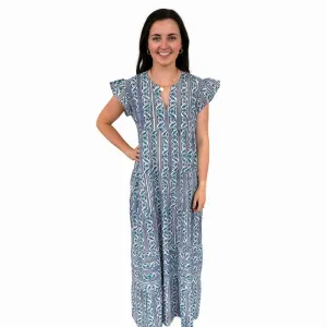 The Isabella Long Flutter Sleeve Maxi Dress in Green Blue Hand-Block
