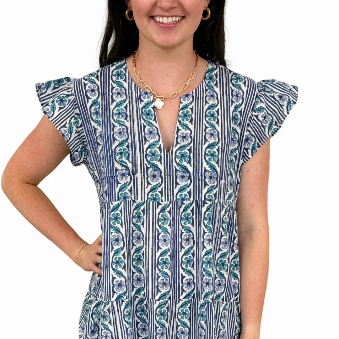 The Isabella Long Flutter Sleeve Maxi Dress in Green Blue Hand-Block