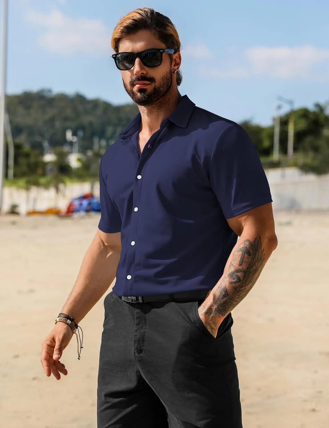 URRU Men's Muscle Dress Shirts Short Sleeve Stretch Casual Button Down Shirts Wrinkle Free Slim Fit Dress Shirt for Men