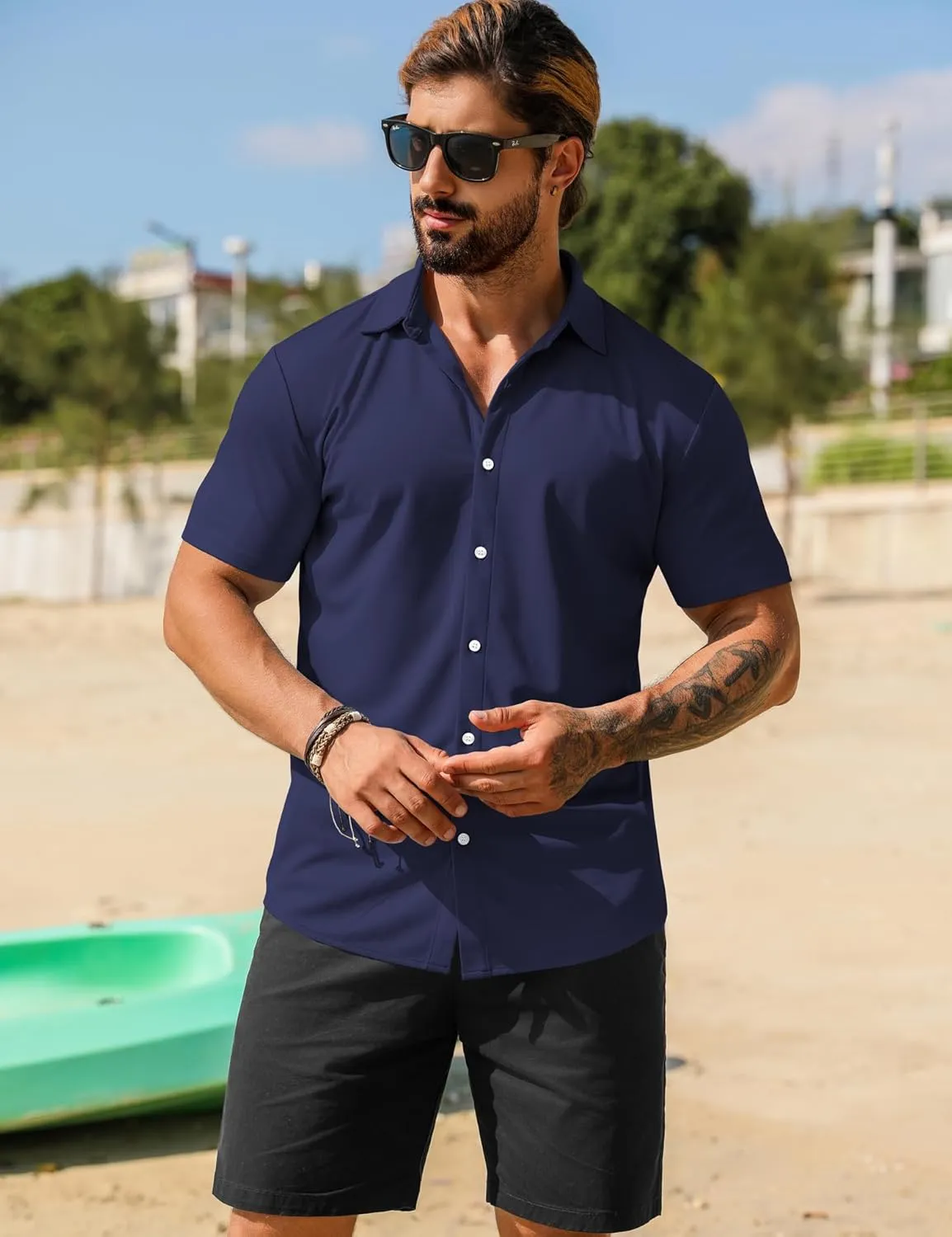 URRU Men's Muscle Dress Shirts Short Sleeve Stretch Casual Button Down Shirts Wrinkle Free Slim Fit Dress Shirt for Men