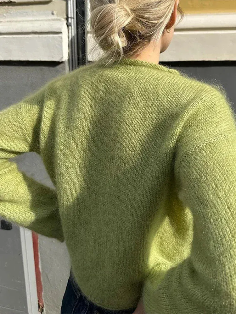 Women Elegant Solid Round Neck Basic Knitted Pullover Fashion Long Sleeves Sweater