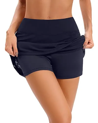 Women High Waisted Swim Skirt With Boyshorts Bathing Suit Skirt-Navy