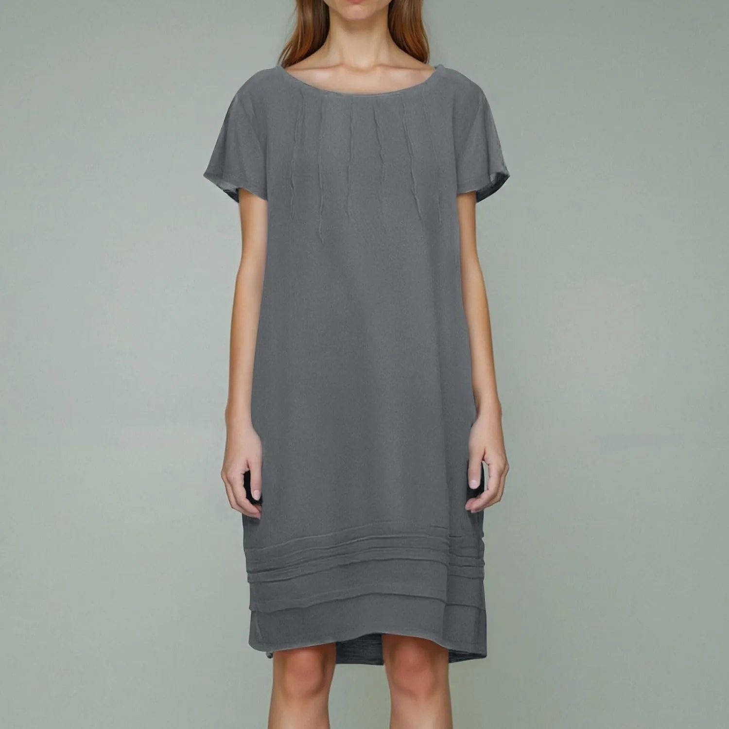 Womens Linen Dresses Trendy Plus Size Summer Short Sleeve Midi Dress Casual Elegant Smocked Flowy Knee Length Dress