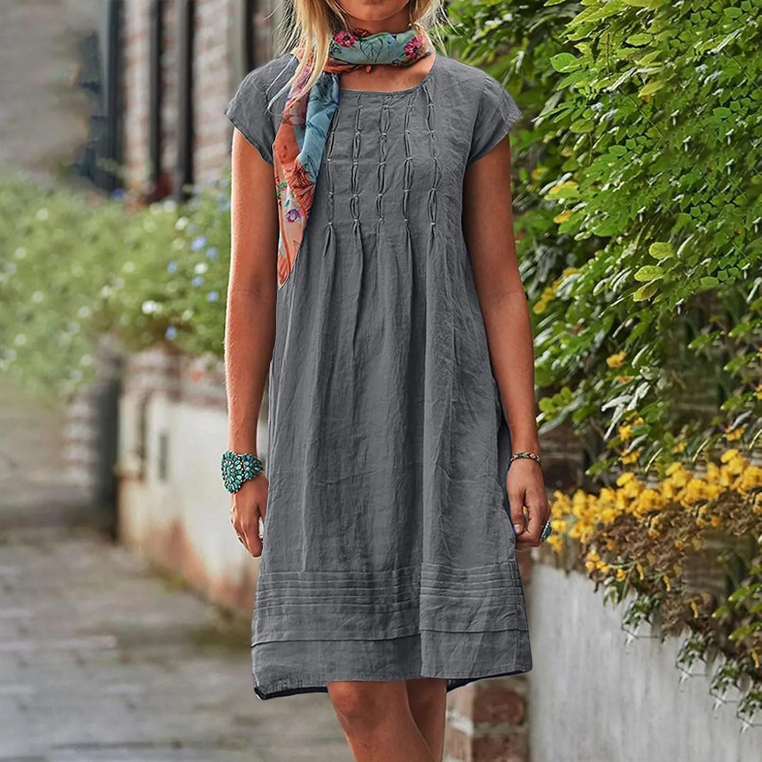 Womens Linen Dresses Trendy Plus Size Summer Short Sleeve Midi Dress Casual Elegant Smocked Flowy Knee Length Dress