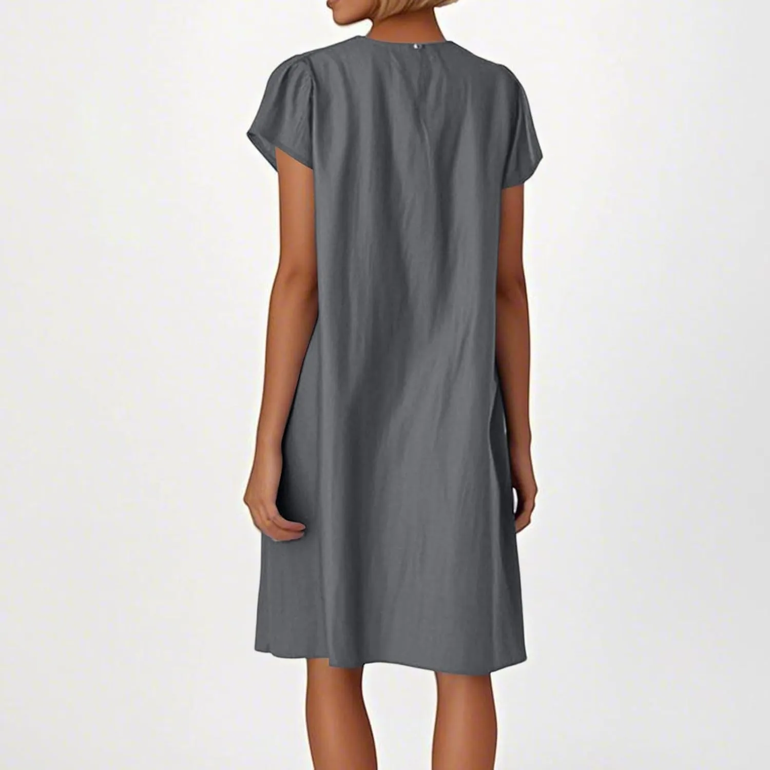 Womens Linen Dresses Trendy Plus Size Summer Short Sleeve Midi Dress Casual Elegant Smocked Flowy Knee Length Dress