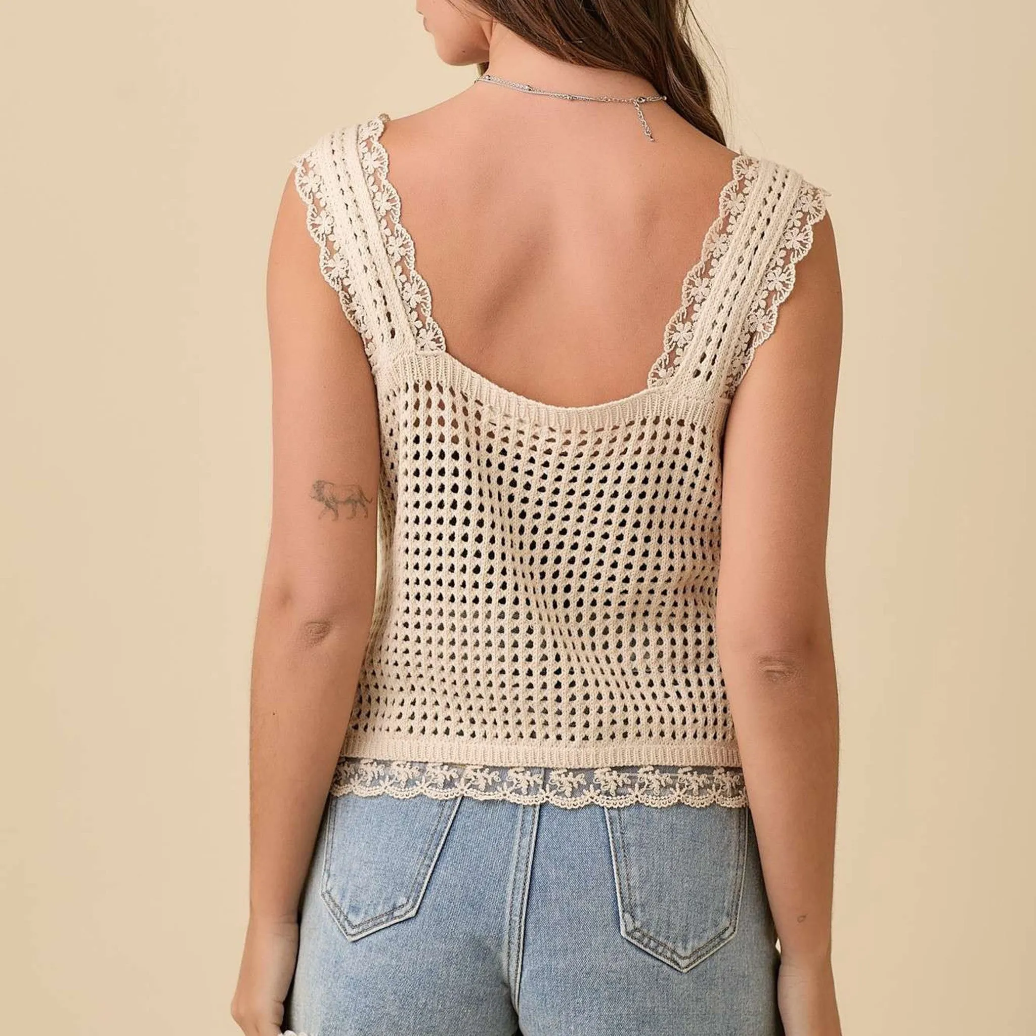 Women's Natural Crochet Vest With Front Ties
