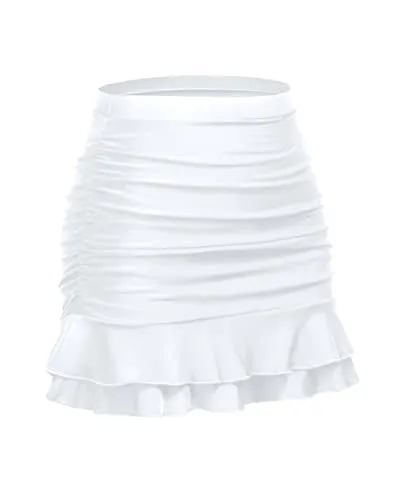 Women's Tummy Control Swim Skirt With High Waisted Ruched Skirt-White