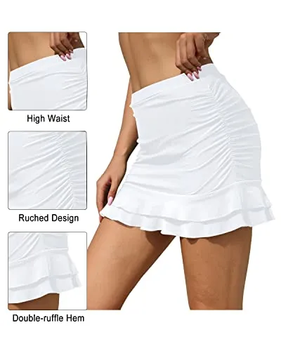 Women's Tummy Control Swim Skirt With High Waisted Ruched Skirt-White