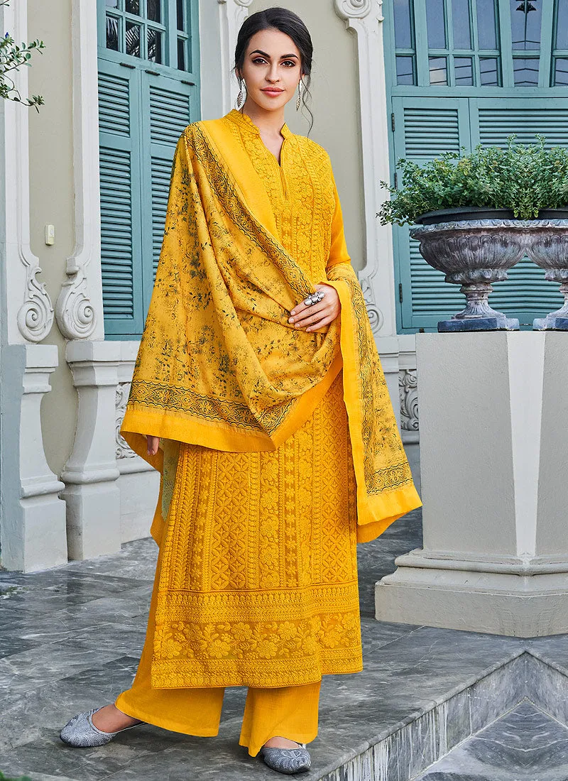 Yellow Overall Lucknowi Embroidered Pants Suit